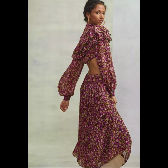 Ronny Kobo Ruffle Design Cut-Out Backless Floral Puff Sleeve Maxi Dress Pink - Picture 3 of 8